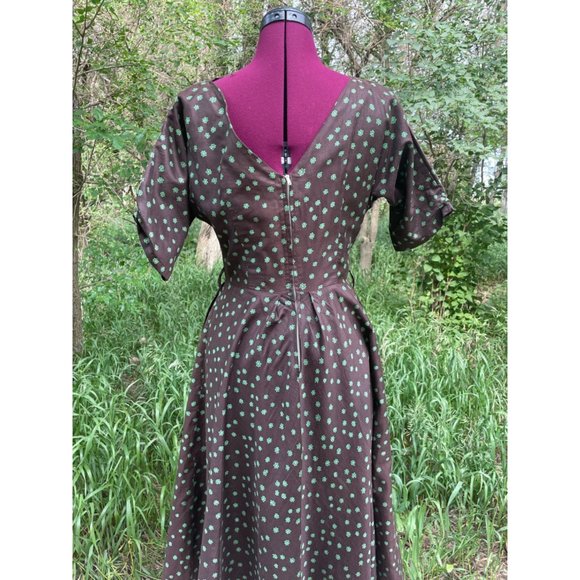 Vintage 1940s Brown Polished Cotton Floral Dress Art Deco - Picture 6 of 16